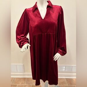 Burgundy Red Velvet Long SleeveV-Neck Dress, Size Large
